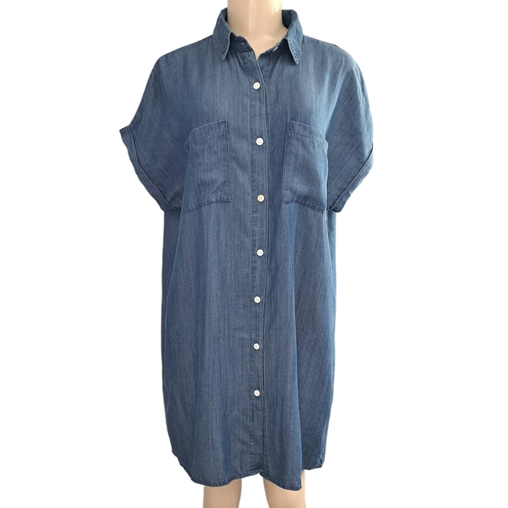 Zilcremo Chambray Shirt Dress Blue Button Front Short Sleeve Pockets Size L NWT